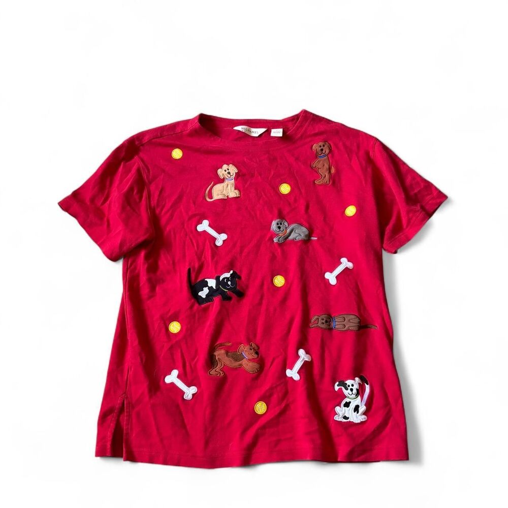 Vintage Bechamel Red Embroidered Dog T-Shirt Size L Y2K 90s Cotton Tee